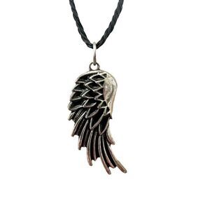 Silver tone half wing pendant necklace on black cord